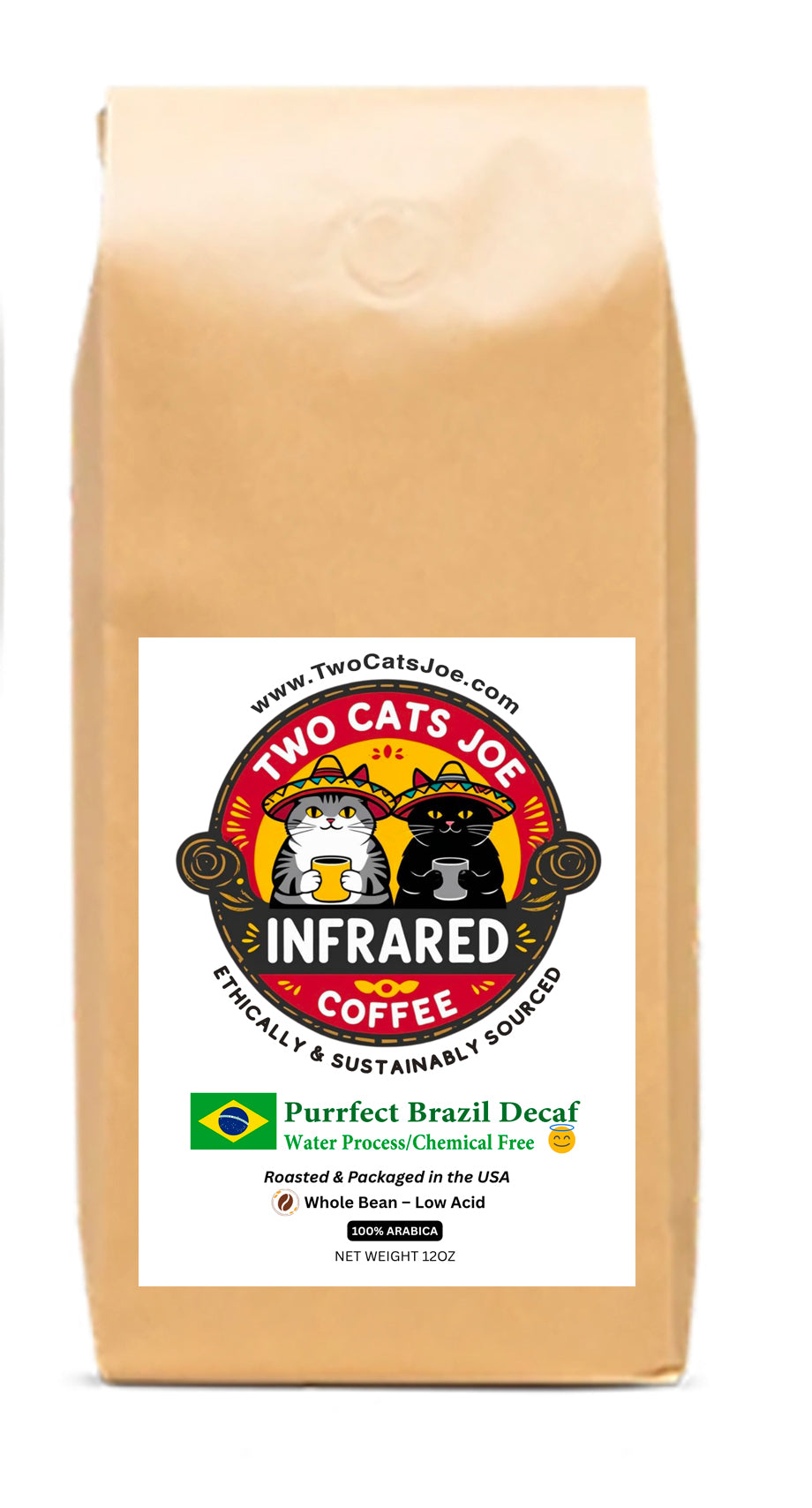 Purrfect Brazil Decaf: Infrared Roasted Water Process/Chemical Free Decaf Whole Coffee Beans